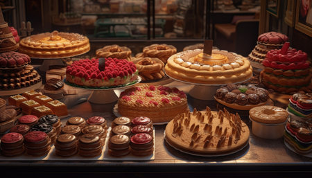 Indulgent gourmet dessert with fresh fruit and multi colored decoration. generated by artificial intelligenceの素材