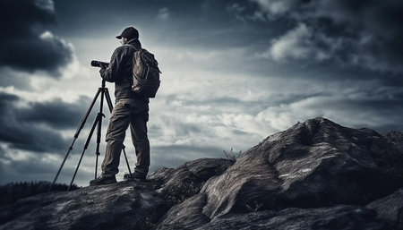 One person standing on mountain peak, photographing nature with equipment. generated by artificial intelligenceの素材