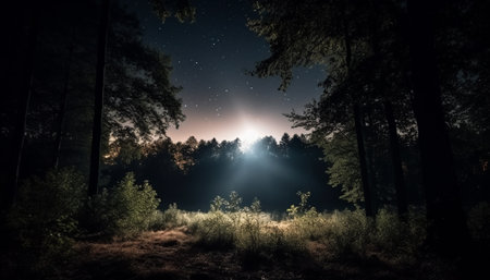 Mysterious forest at dusk, illuminated by moonlight and starry sky. generated by artificial intelligenceの素材