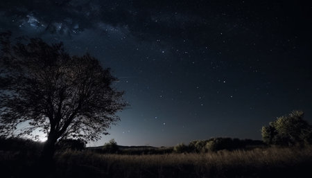 Tranquil night sky glows with milky way and star trail. generated by artificial intelligenceの素材