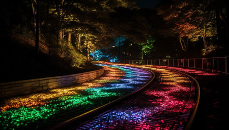 Nighttime city street illuminated by vibrant colored light trails generated by artificial intelligenceの素材
