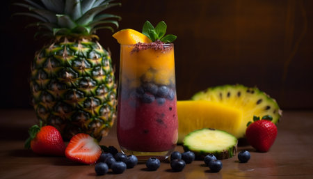 Organic fruit cocktail on wooden table, a refreshing summer delight generated by artificial intelligenceの素材