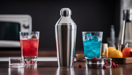 Refreshing cocktail with ice, fruit, and alcohol at modern bar generated by artificial intelligenceの素材
