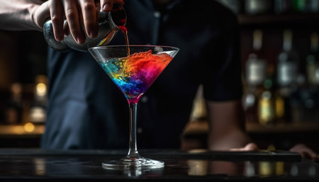 Bartender pouring fresh cocktail into martini glass at nightclub bar generated by artificial intelligenceの素材