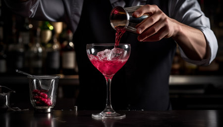 Bartender pouring fresh cocktail, mixing fruit with ice and alcohol generated by artificial intelligenceの素材
