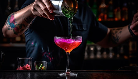 Bartender pouring refreshing cocktail, mixing whiskey, splashing ice, happy hour generated by artificial intelligenceの素材
