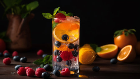 Refreshing summer cocktail with fresh berries and citrus slice garnish generated by artificial intelligenceの素材