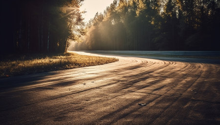Driving on a country road, vanishing point in the distance generated by artificial intelligenceの素材