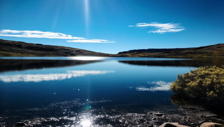 Majestic mountain range reflects in tranquil blue water, breathtaking beauty generated by artificial intelligenceの素材