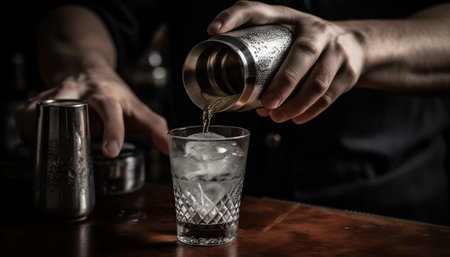 Barista pouring fresh cocktail, bartender working close up, men drinking whiskey generated by artificial intelligenceの素材
