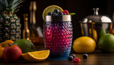 Organic fruit cocktail with juicy citrus slices on wooden table generated by artificial intelligenceの素材