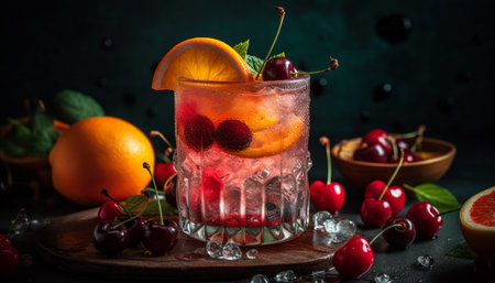 Fresh fruit cocktail on wooden table with citrus slice garnish generated by artificial intelligenceの素材