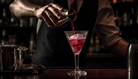 Adult bartender pouring fresh cocktails at elegant nightlife establishment generated by artificial intelligenceの素材