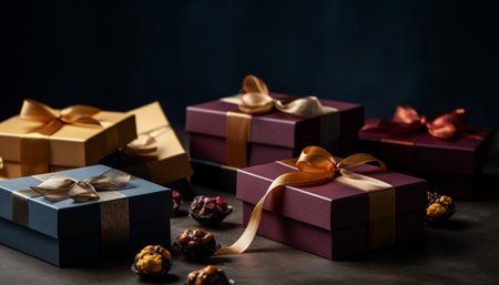 Golden gift box wrapped in shiny paper for winter celebration generated by artificial intelligenceの素材