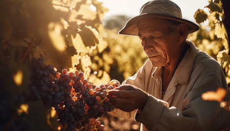 Mature farmer picking ripe grapes in organic vineyard at sunset generated by artificial intelligenceの素材