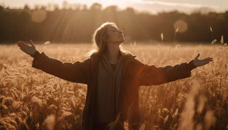 Young adult woman enjoys nature beauty in a rural meadow generated by artificial intelligenceの素材