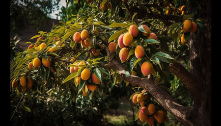 Fresh ripe tangerines hanging from a green citrus fruit tree generated by artificial intelligenceの素材