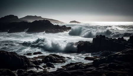 Tranquil seascape breaking waves crash against rocky coastline at dusk generated by artificial intelligenceの素材