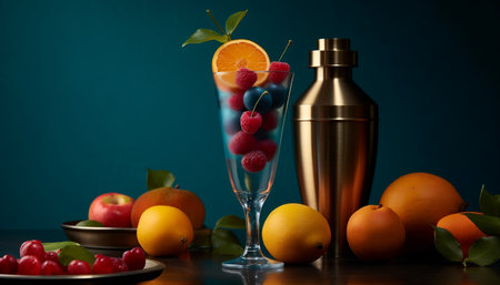 Vibrant citrus cocktail on wooden table with fresh fruit slices generated by artificial intelligenceの素材