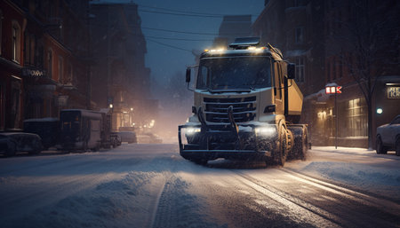 Freight transportation delivering cargo containers on slippery winter roads at dusk generated by artificial intelligenceの素材