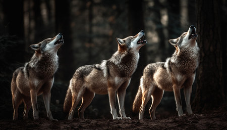 Young wolf puppy playing with domestic dog in arctic forest generated by artificial intelligenceの素材