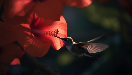 Vibrant hummingbird hovers mid air, pollinating a multi colored flower generated by artificial intelligenceの素材