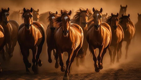 Running thoroughbred horse in glowing sunset landscape, dust and speed generated by artificial intelligenceの素材