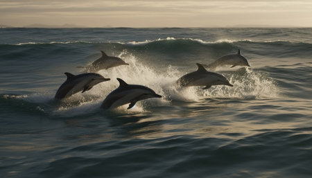 Playful dolphins jumping and splashing in the blue water generated by artificial intelligenceの素材