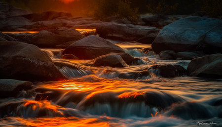 Smooth flowing water reflects beauty in nature at sunrise outdoors generated by artificial intelligenceの素材