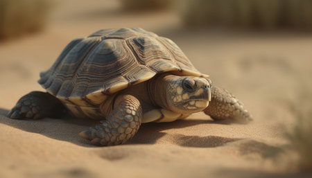 Slow crawling turtle walking on sand in tropical climate outdoors generated by artificial intelligenceの素材