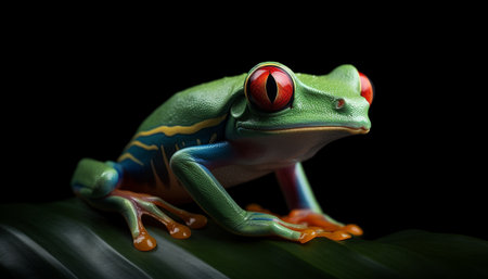 Red eyed tree frog sitting on leaf, looking at camera curiously generated by artificial intelligenceの素材
