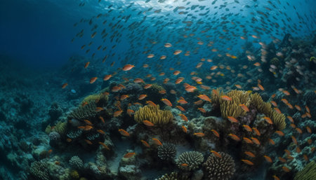 Multi colored school of fish swim below beautiful coral reef generated by artificial intelligenceの素材