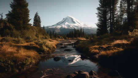 Majestic mountain range, tranquil scene, panoramic beauty in nature generated by artificial intelligenceの素材