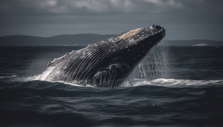 back whale breaching in majestic blue waters generated by artificial intelligenceの素材
