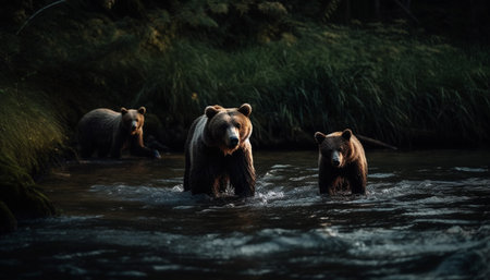Wild grizzly bear fishing in pond with playful bear cub generated by artificial intelligenceの素材