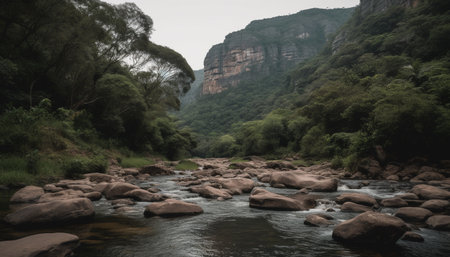 Majestic mountain range, tranquil scene, flowing water, natural beauty generated by artificial intelligenceの素材