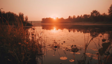 Tranquil sunset over rural pond, reflecting beauty in nature landscape generated by artificial intelligenceの素材