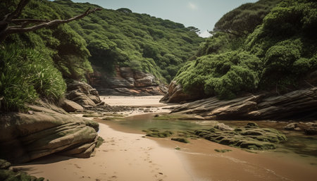 Tranquil scene of a green mountain range reflecting in water generated by artificial intelligenceの素材