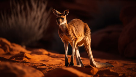 Fluffy wallaby standing in grass, looking at camera at dusk generated by artificial intelligenceの素材
