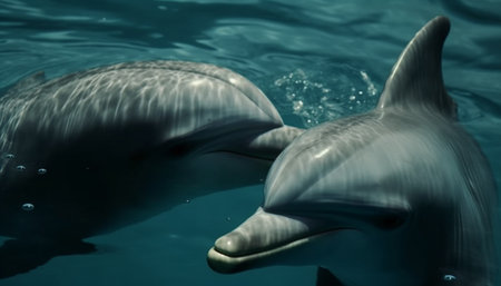 Playful dolphin smiles face to face with scuba diver underwater generated by artificial intelligenceの素材