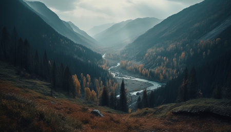 Tranquil scene of a mountain range in autumn with fog generated by artificial intelligenceの素材