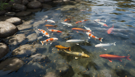 School of multi colored koi carp swim in tranquil pond generated by artificial intelligenceの素材