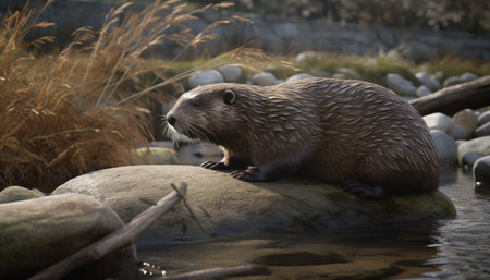 Beaver sitting by pond, whiskers wet, looking for food generated by artificial intelligenceの素材