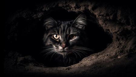 Cute kitten staring with curiosity, fluffy fur and whiskers generated by artificial intelligenceの素材