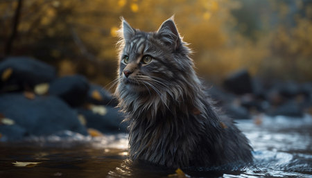 Fluffy kitten sitting in the grass, staring at the camera generated by artificial intelligenceの素材