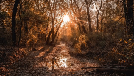 Tranquil autumn forest, vibrant colors, vanishing point, backlit by sunlight generated by artificial intelligenceの素材