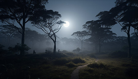 Silhouette of a spooky tree in a dark, foggy forest generated by artificial intelligenceの素材