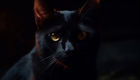 Cute kitten staring with alertness, fluffy fur and yellow eyes generated by artificial intelligenceの素材