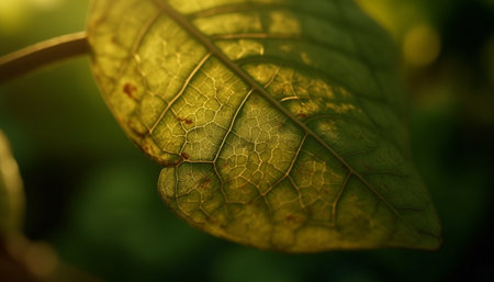 Vibrant leaf vein pattern on green plant in close up macro generated by artificial intelligenceの素材