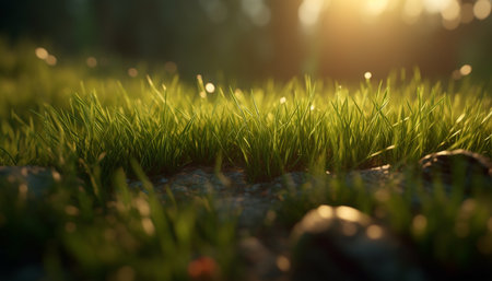 Fresh green meadow growth, dew drops on blades, nature beauty generated by artificial intelligenceの素材